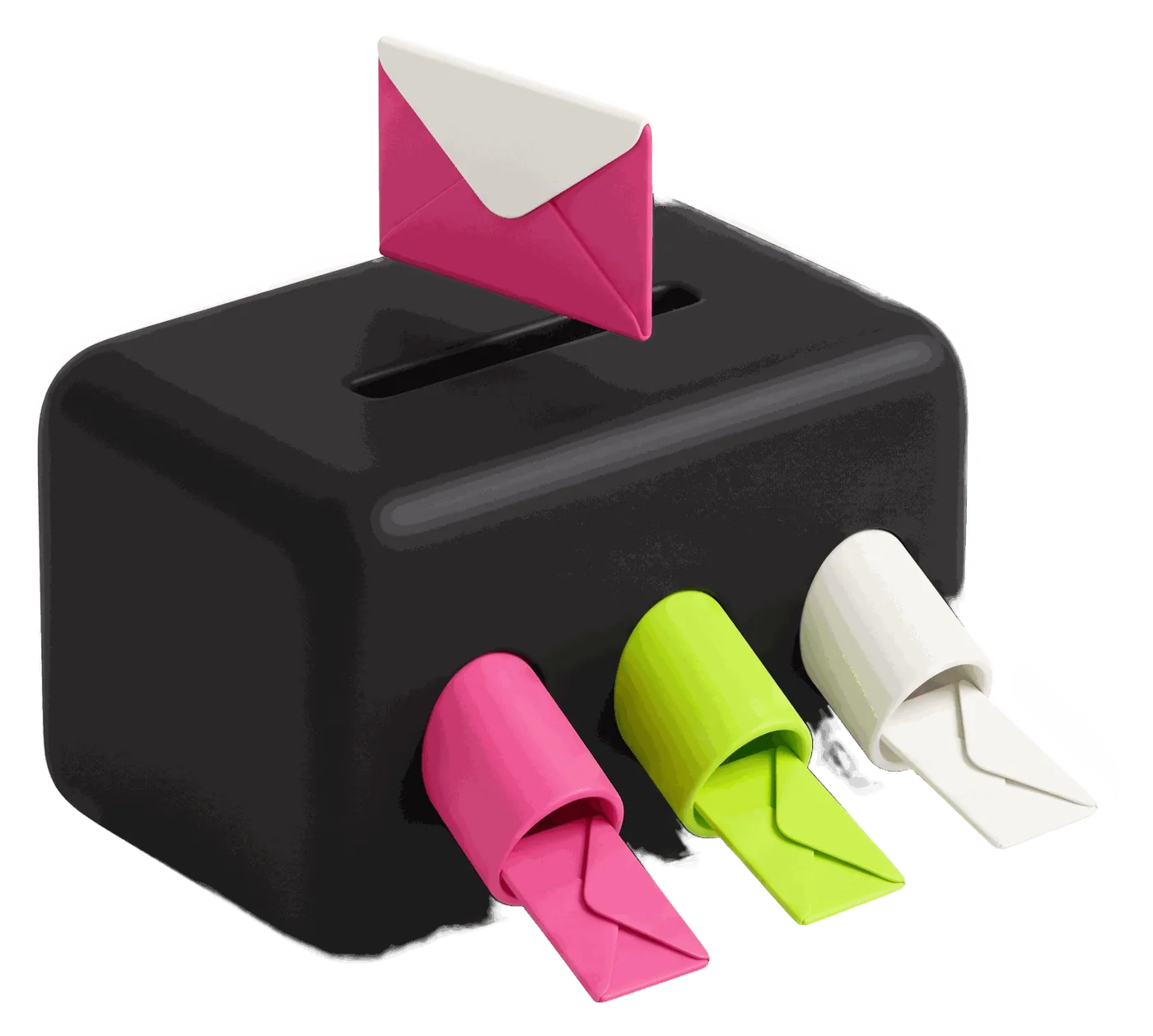 A sorting box with three coloured chutes