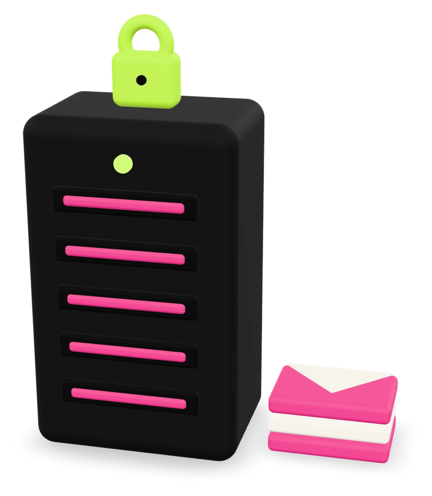 A locked server tower with a stack of envelopes beside it