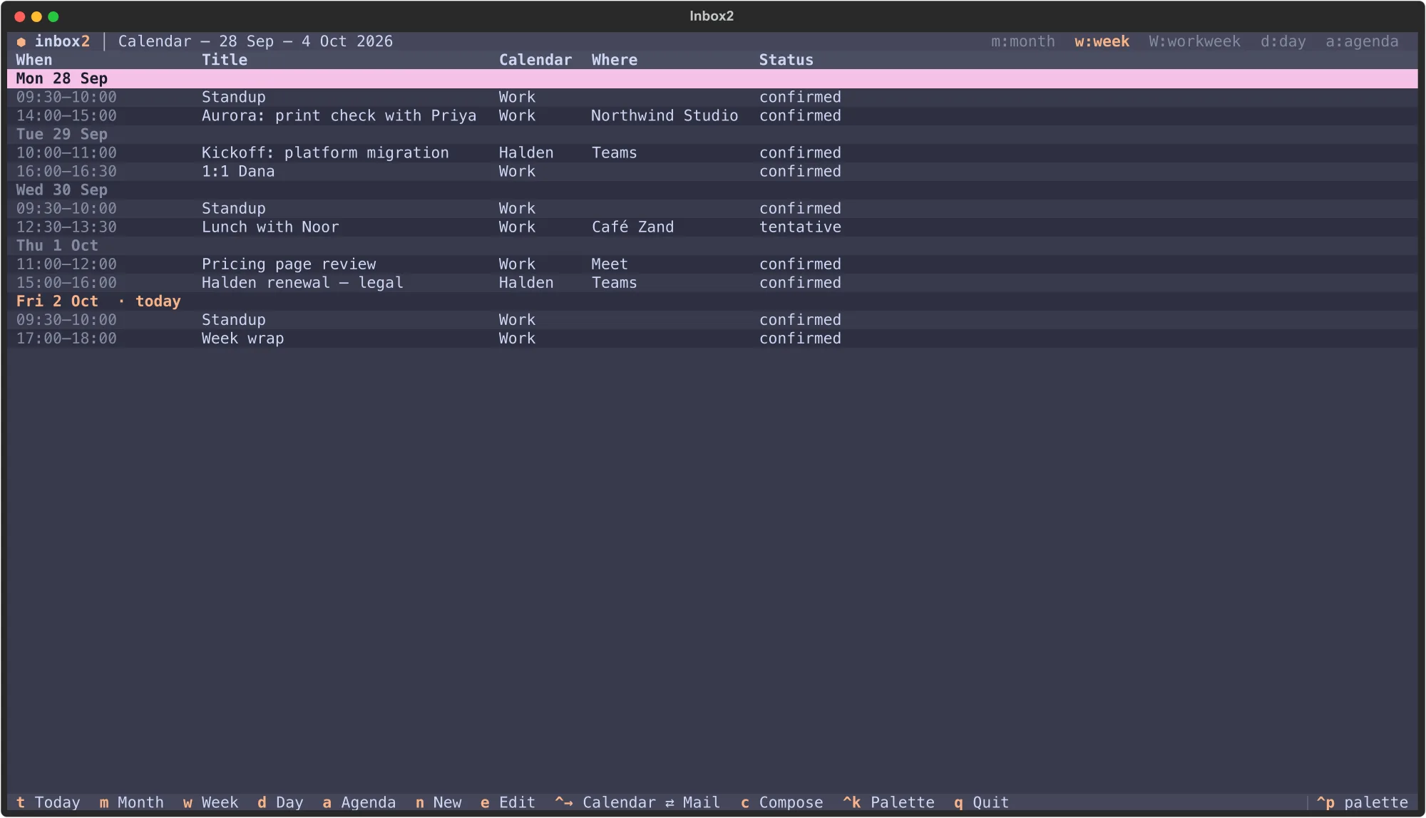 The week view of the calendar in the terminal client