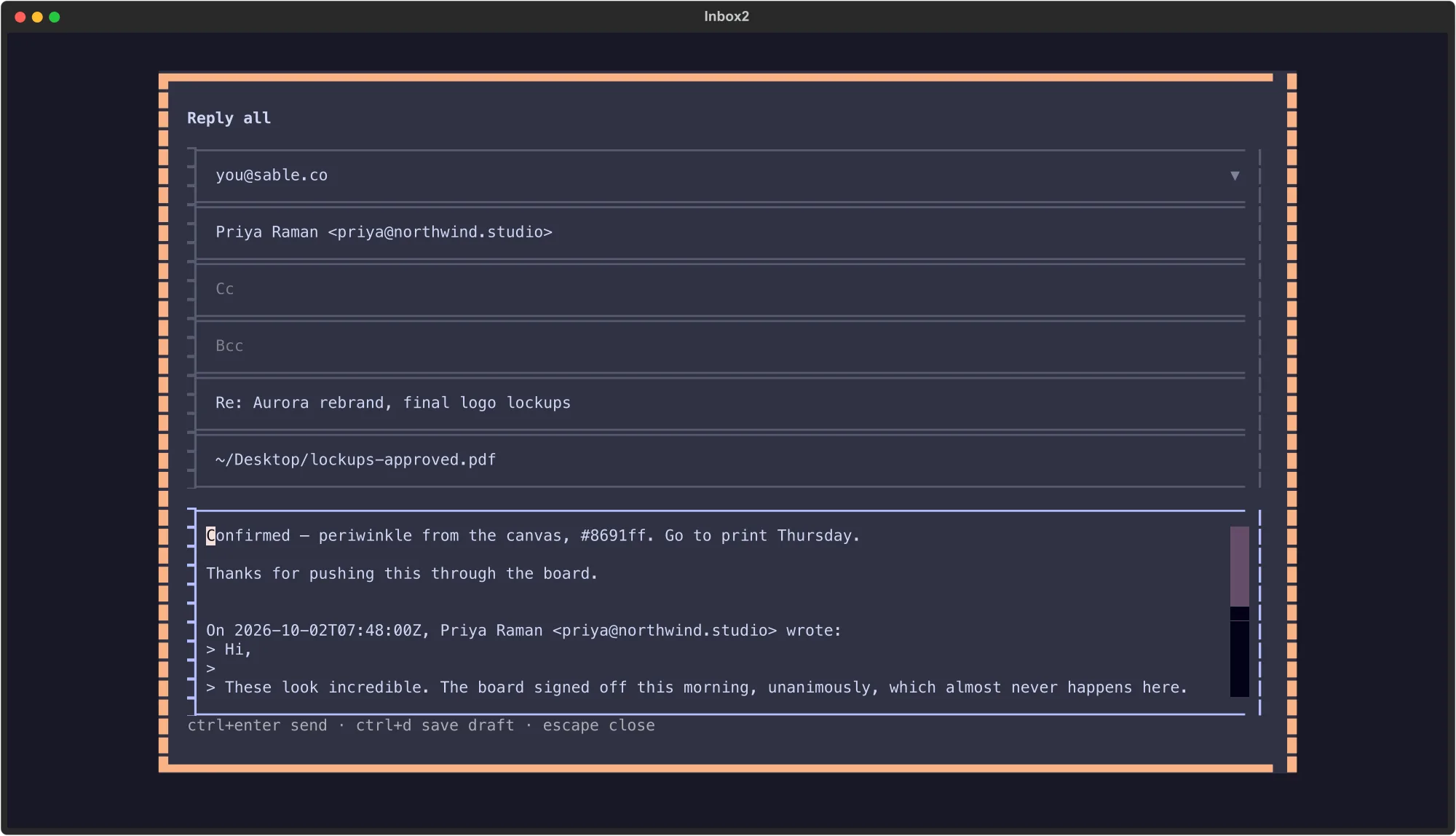 Replying from the terminal, with the account picker and an attachment by path