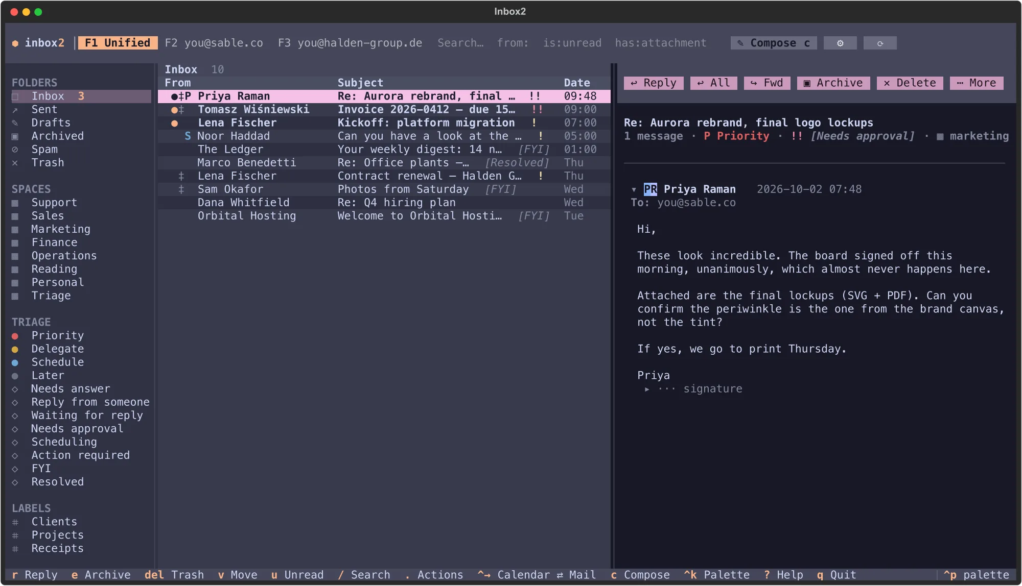 The unified inbox in the terminal client, with Spaces, triage labels and a thread open