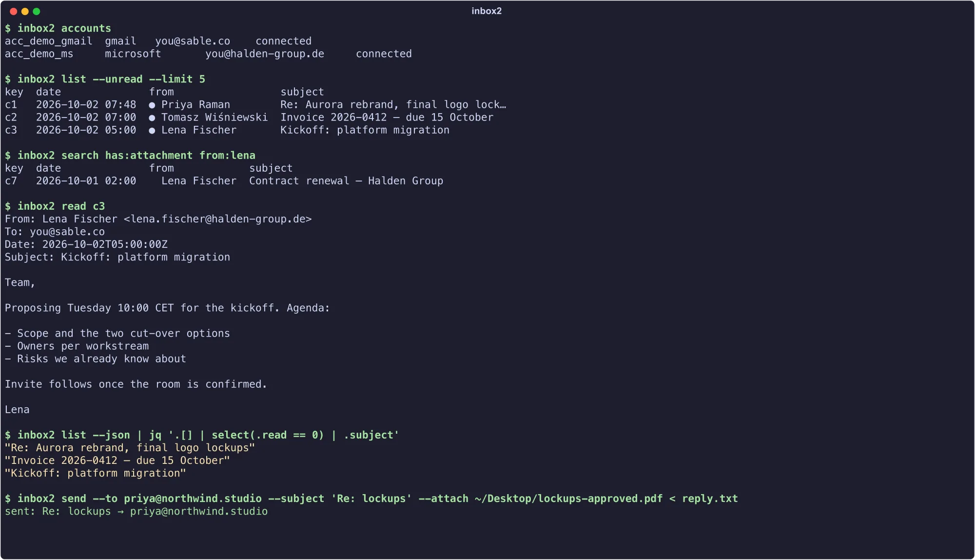 inbox2 list, search and send run as plain commands, with JSON output for scripts